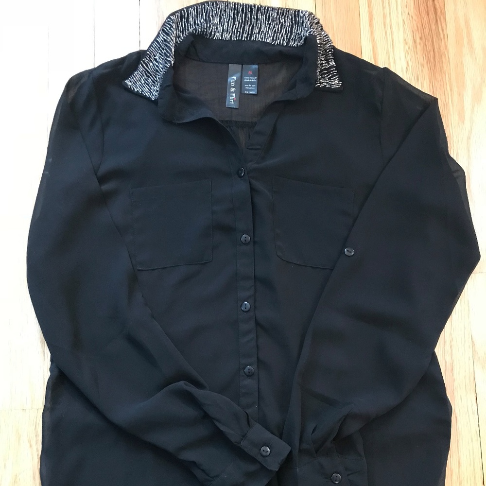 Fun and Flirt Black Sheer Shirt w/sparkle collar M